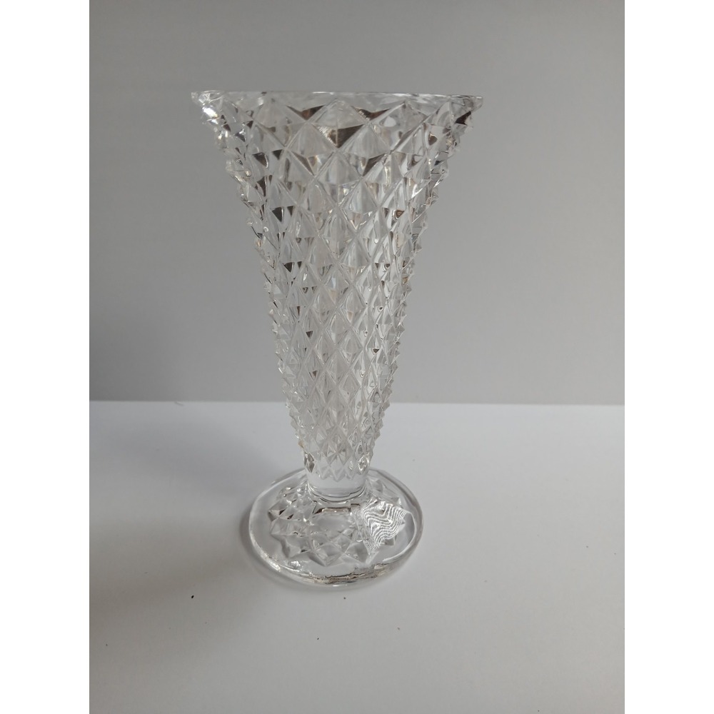 Vintage Indiana Glass Diamond Point Trumpet Vase Pedestal Base Clear Glass